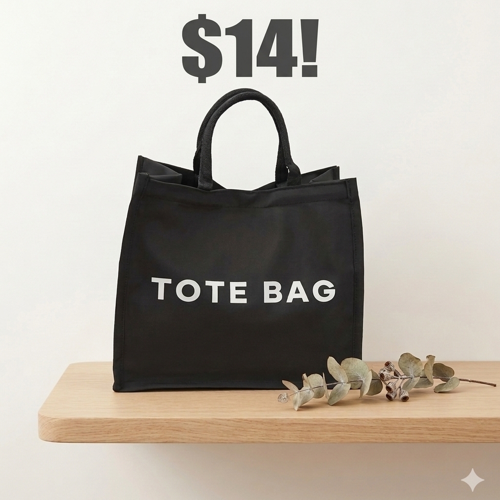 Black Tote Bag with White Text
